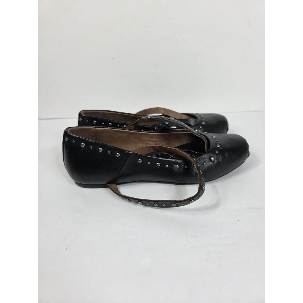 Free People Grace Studded Ballet Flat Black Leather Women Sz 6 Strap Up
